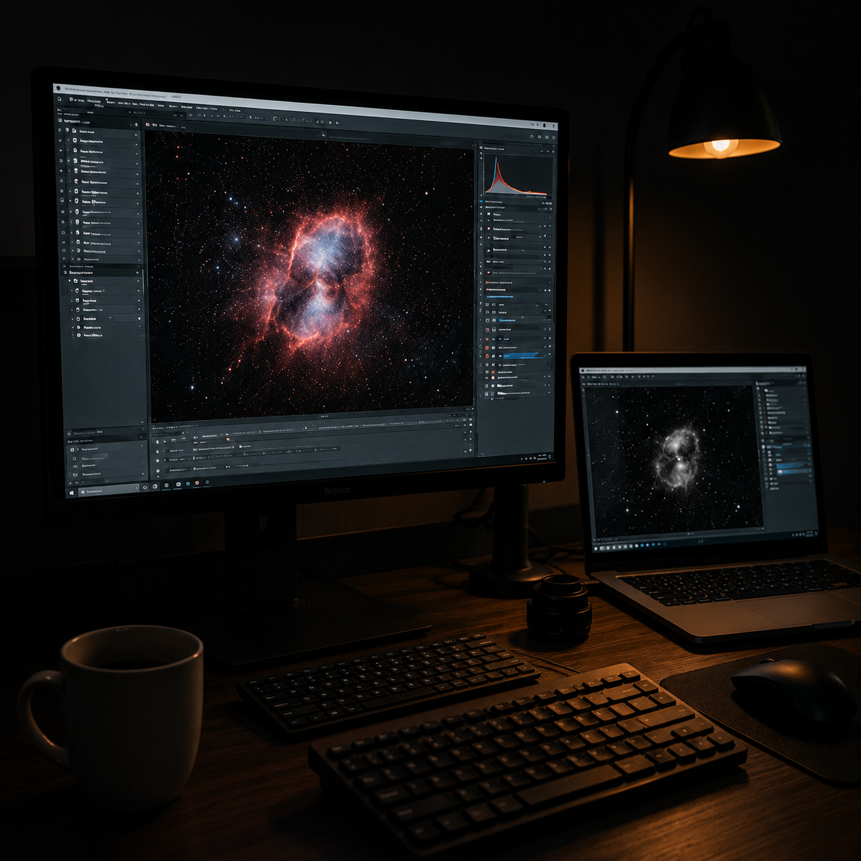 Dark editing workspace with dual monitors displaying nebula space photography in Adobe Photoshop, coffee mug on wooden desk.