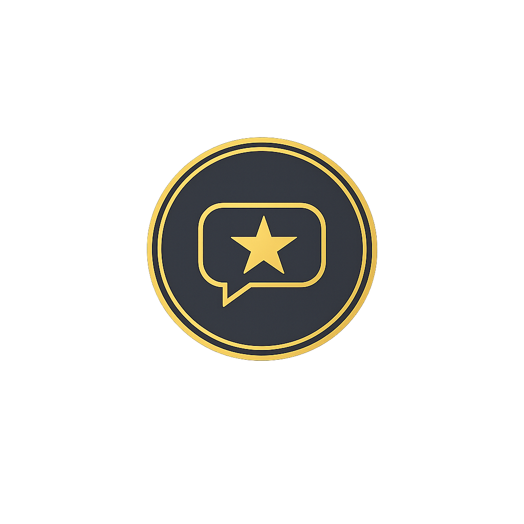 Gold star in speech bubble icon on dark circle badge with golden border, representing reviews or feedback.