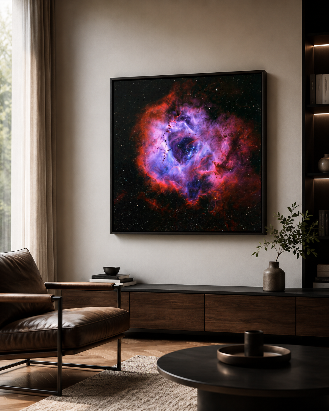 Framed nebula space art print with red and purple cosmic clouds hanging in a modern living room with leather chair.