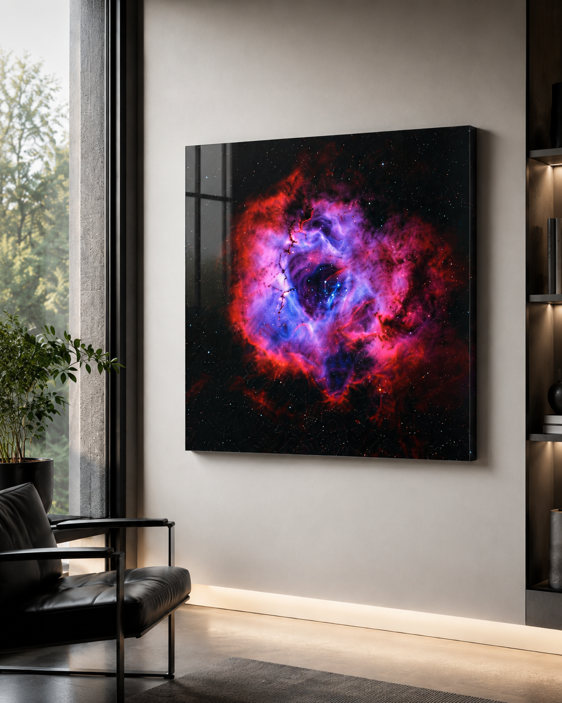 Vibrant nebula galaxy canvas wall art with red and purple cosmic clouds displayed in a modern living room.