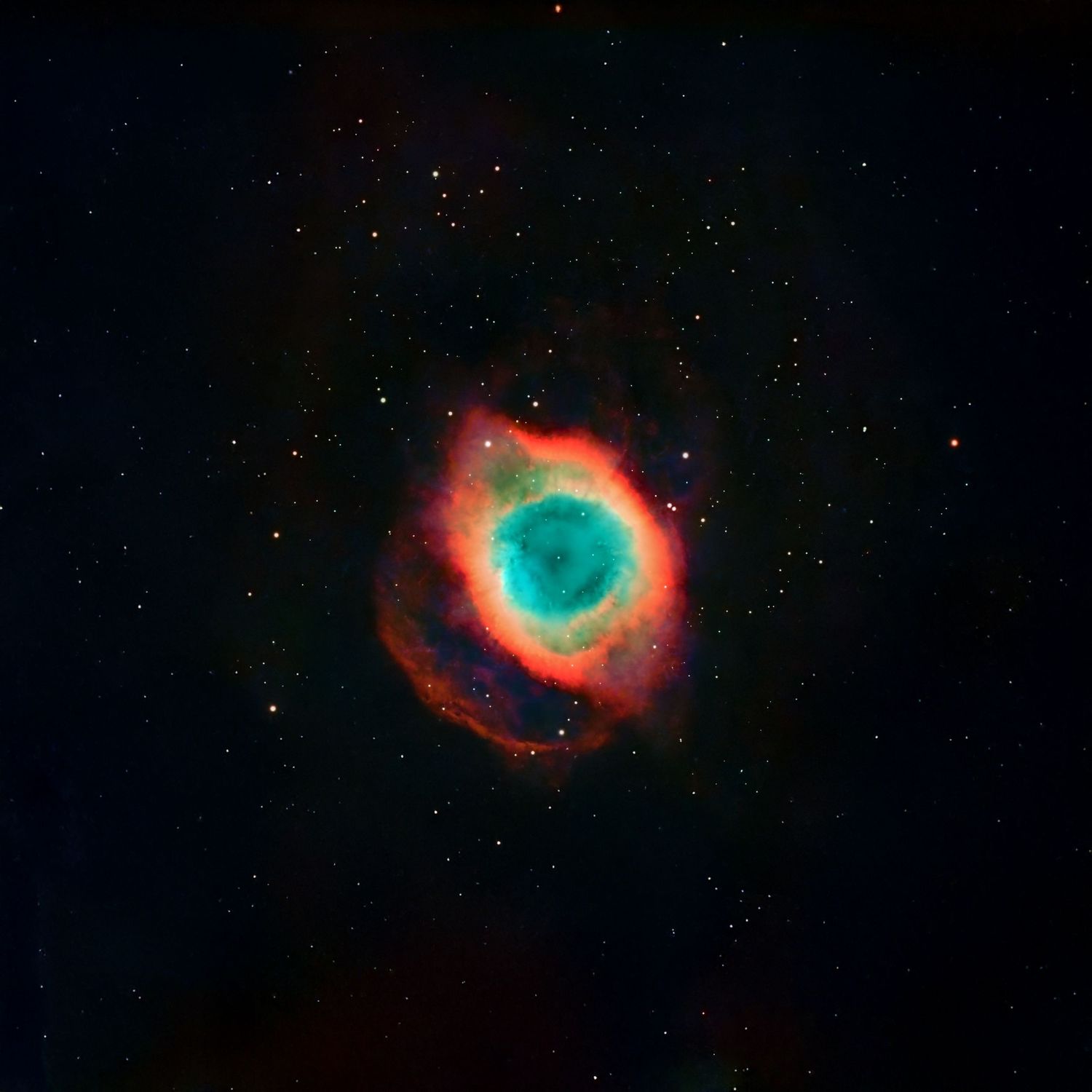 Stunning Helix Nebula in deep space, featuring a glowing teal center surrounded by vibrant red and orange gas rings.
