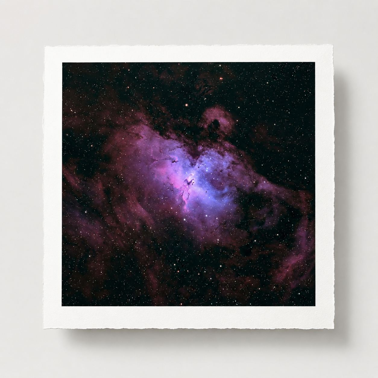 Stunning nebula space art print featuring vibrant purple and blue cosmic clouds with stars on black background.