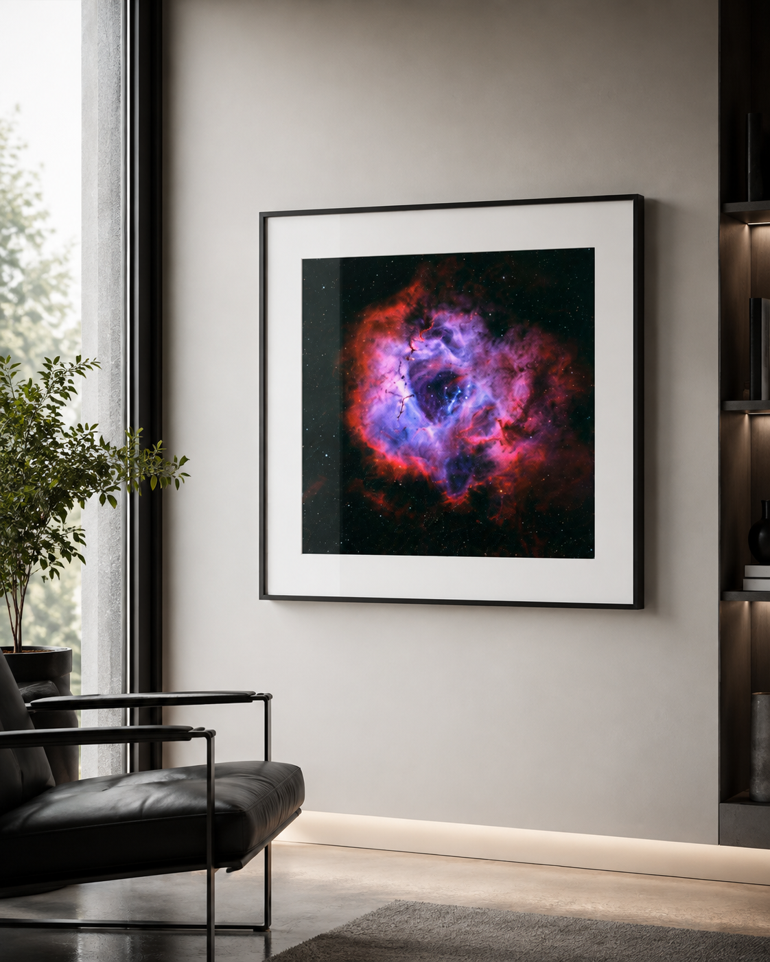 Framed nebula space art print with vibrant red and purple cosmic clouds displayed on a modern living room wall.