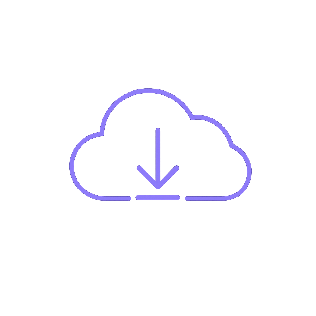Purple outline cloud download icon with downward arrow on white background.
