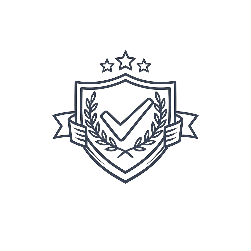 Shield badge with checkmark, laurel wreath, ribbon banner, and three stars, representing quality and achievement.