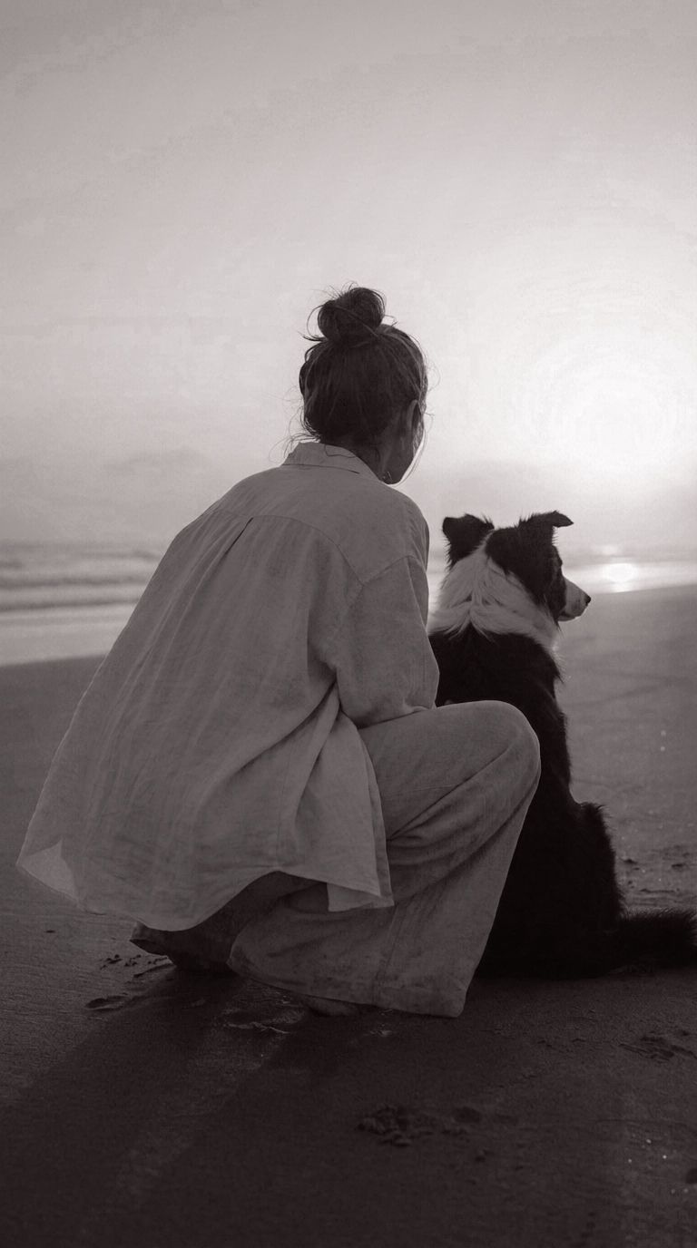 Woman embracing her Border Collie while watching the sunrise on the beach.