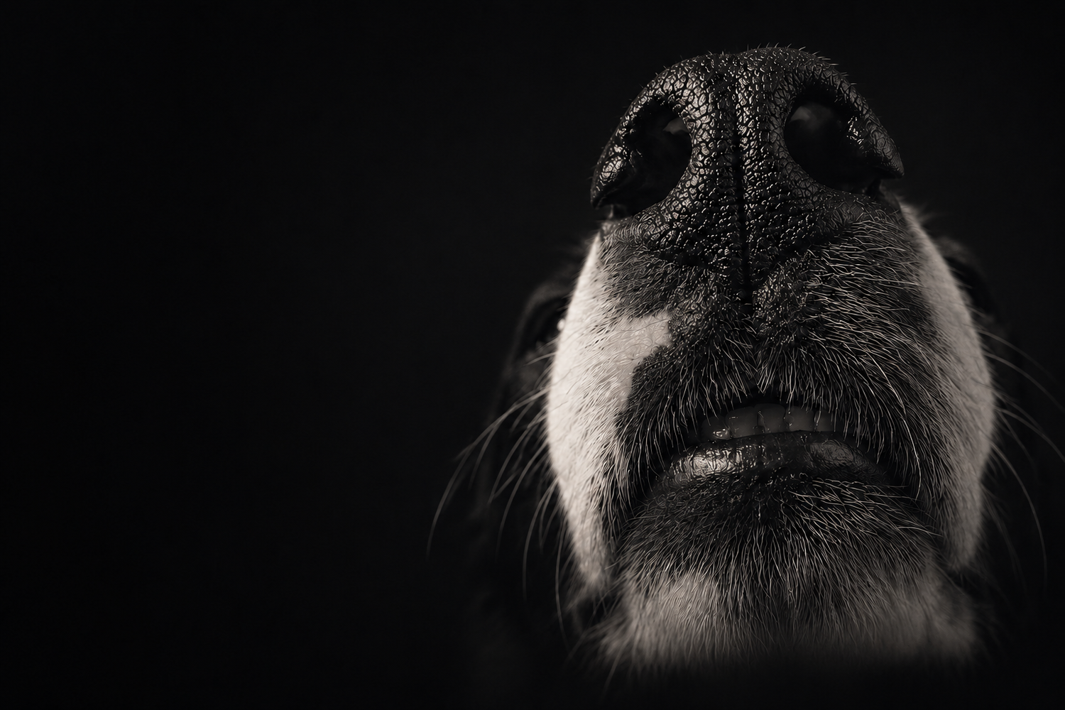 Artistic black and white close-up of a dog's nose and muzzle.