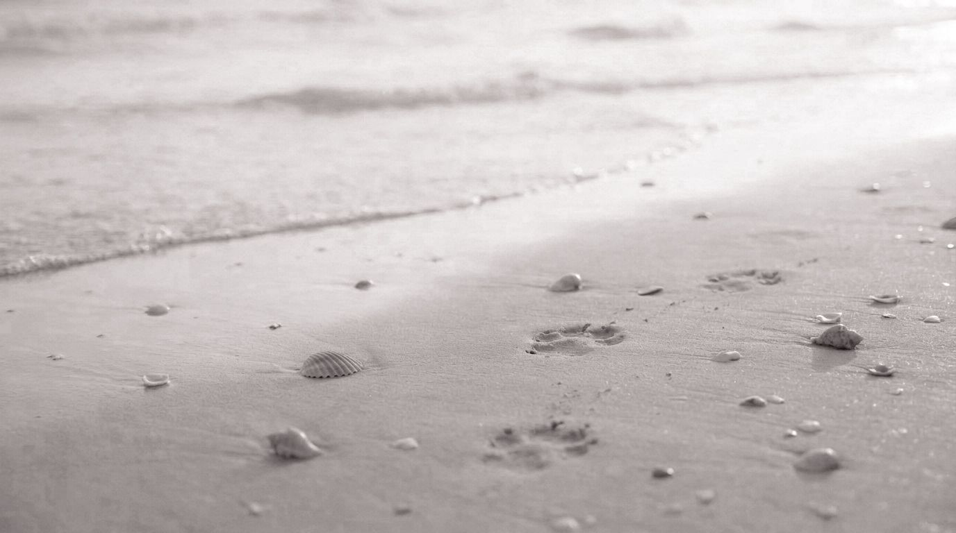 Dog paw prints leading across wet beach sand beside the ocean.