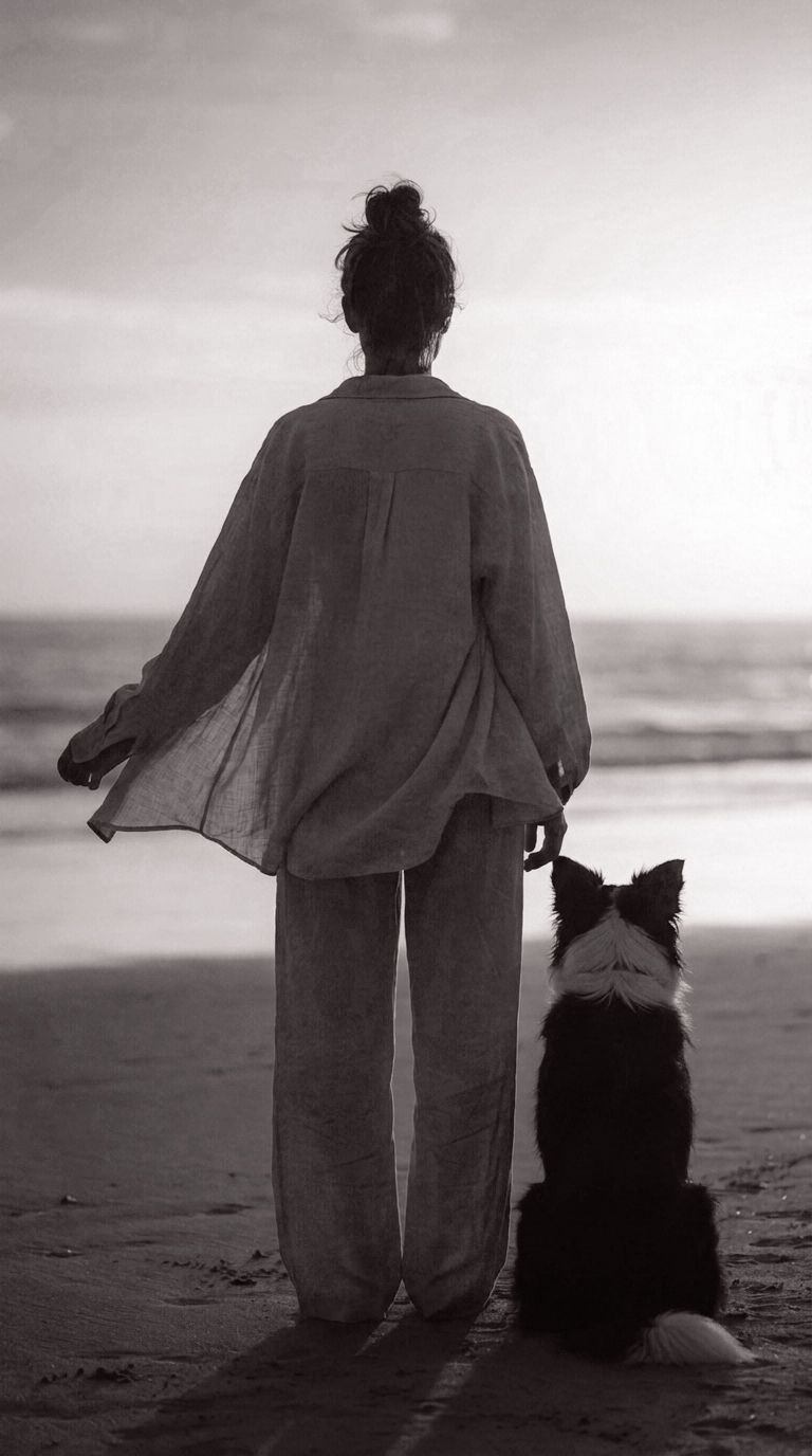 Woman standing beside her Border Collie on a quiet beach at sunrise.