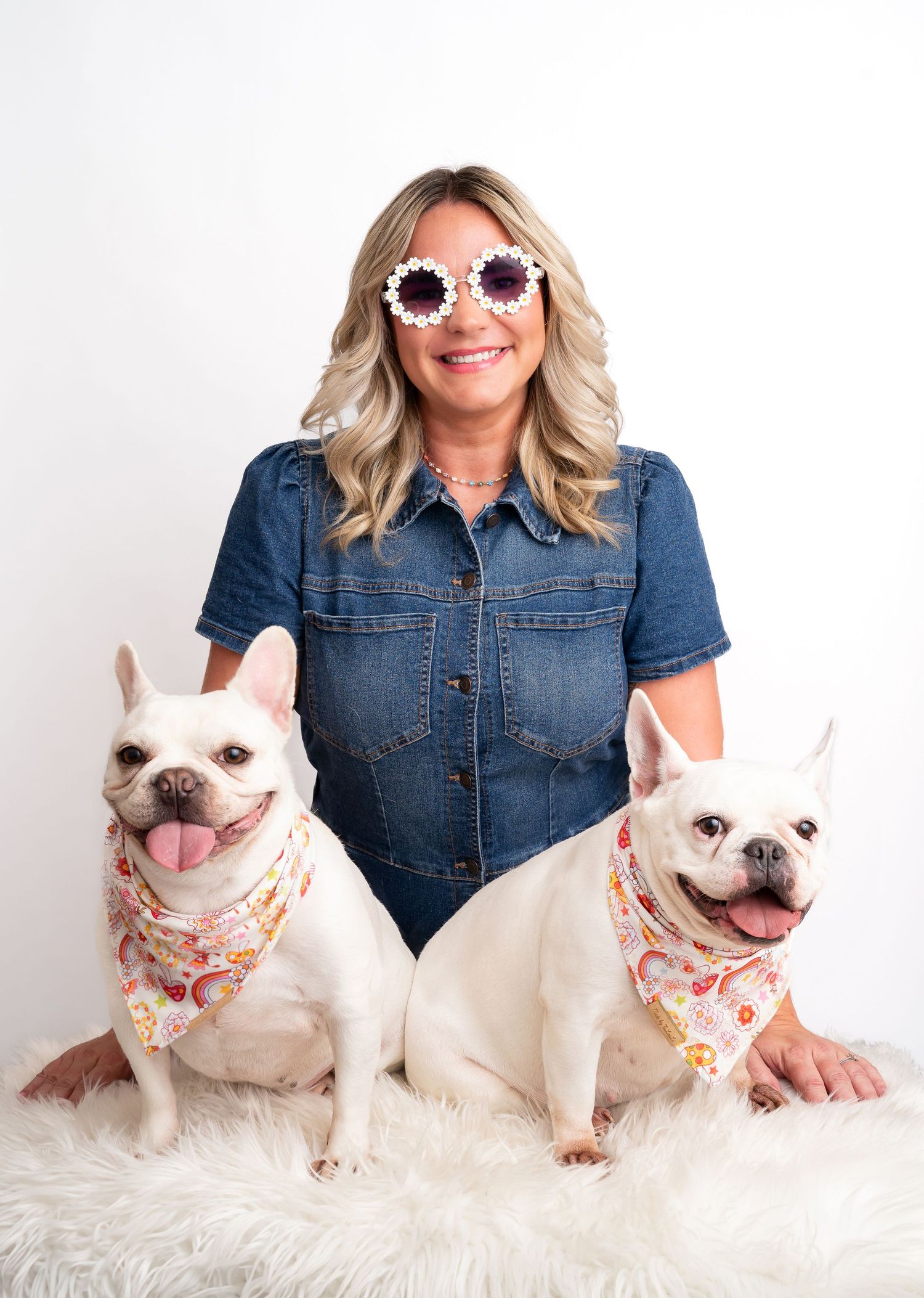 Person in denim jacket posing with two happy white French Bulldogs on furry white background.