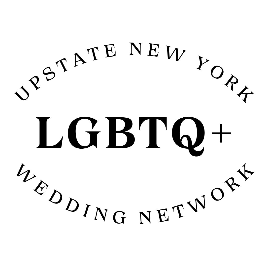 Circular black text logo for Upstate New York LGBTQ+ Wedding Network with curved text layout.