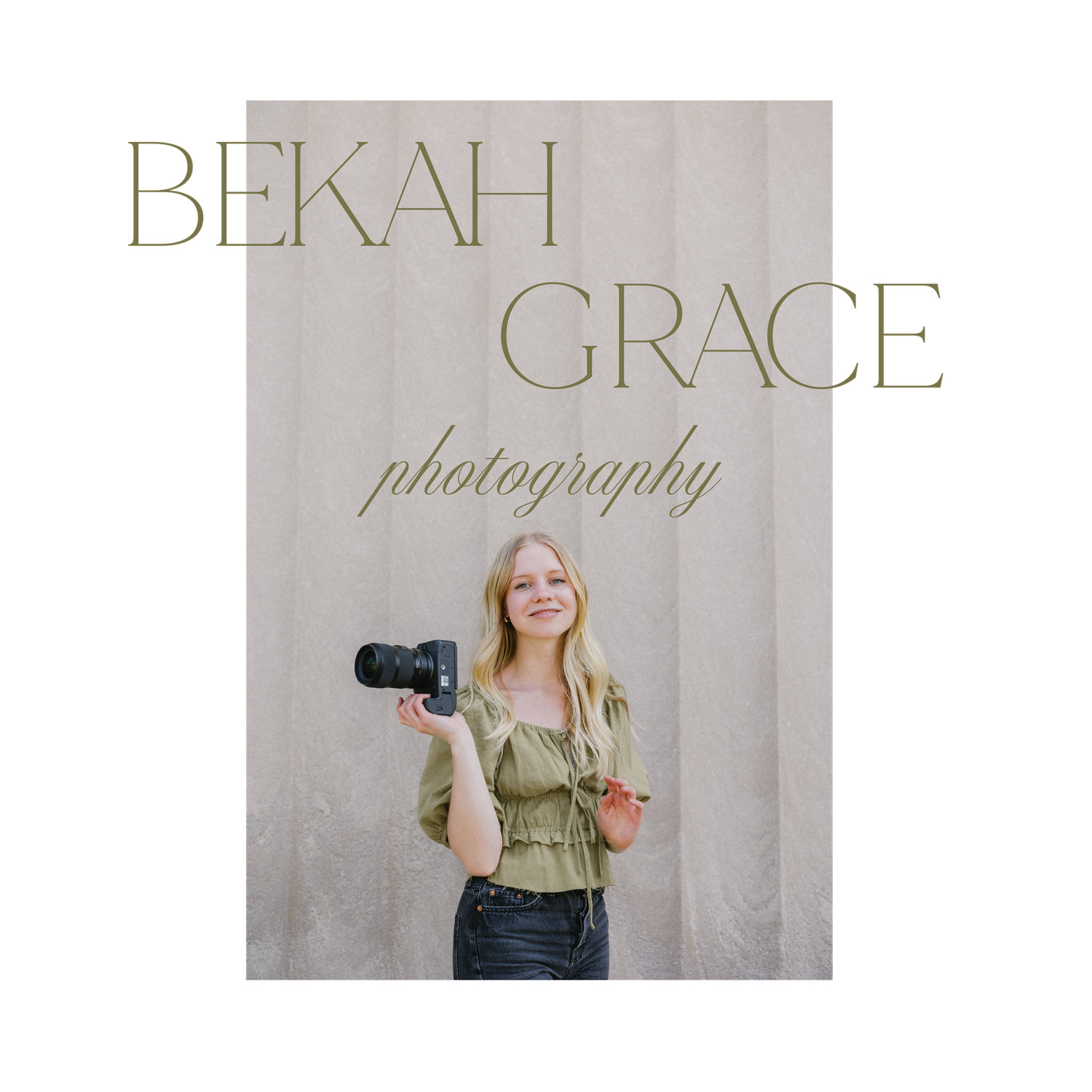 Professional photographer branding design with elegant gold text on gray background.