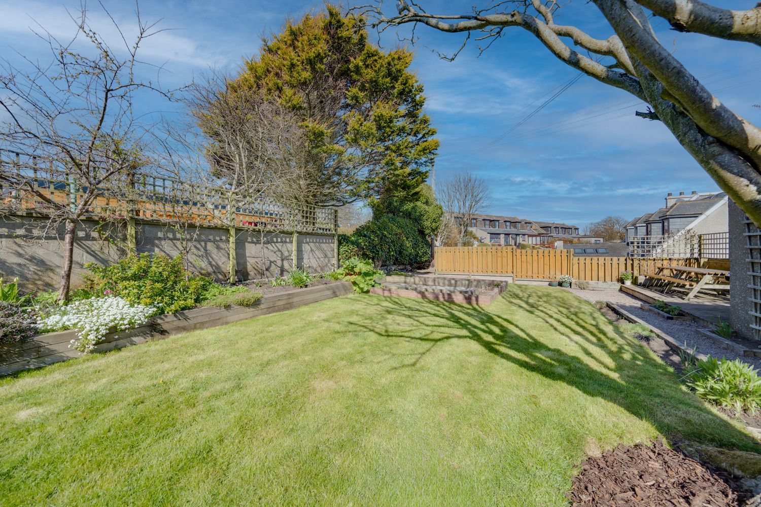 Well-maintained backyard lawn with wooden fencing and trees under bright blue sky.