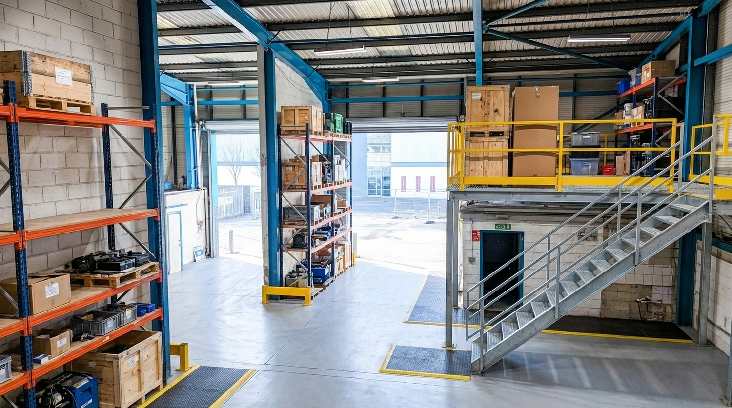 Panoramic view of a warehouse interior showing storage racks and industrial shelving systems.