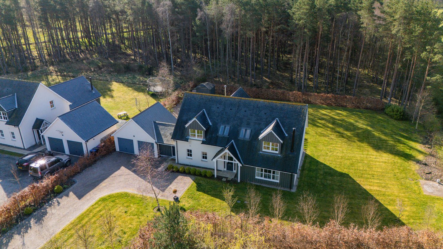 Aerial view of large modern homes with dark blue siding on vast green lawn beside forest.