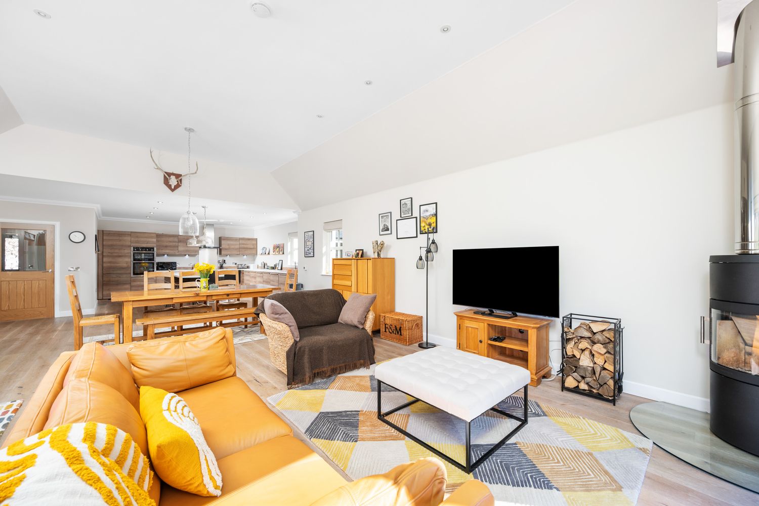 Open concept living space with orange sofa, TV, wood stove and geometric area rug.