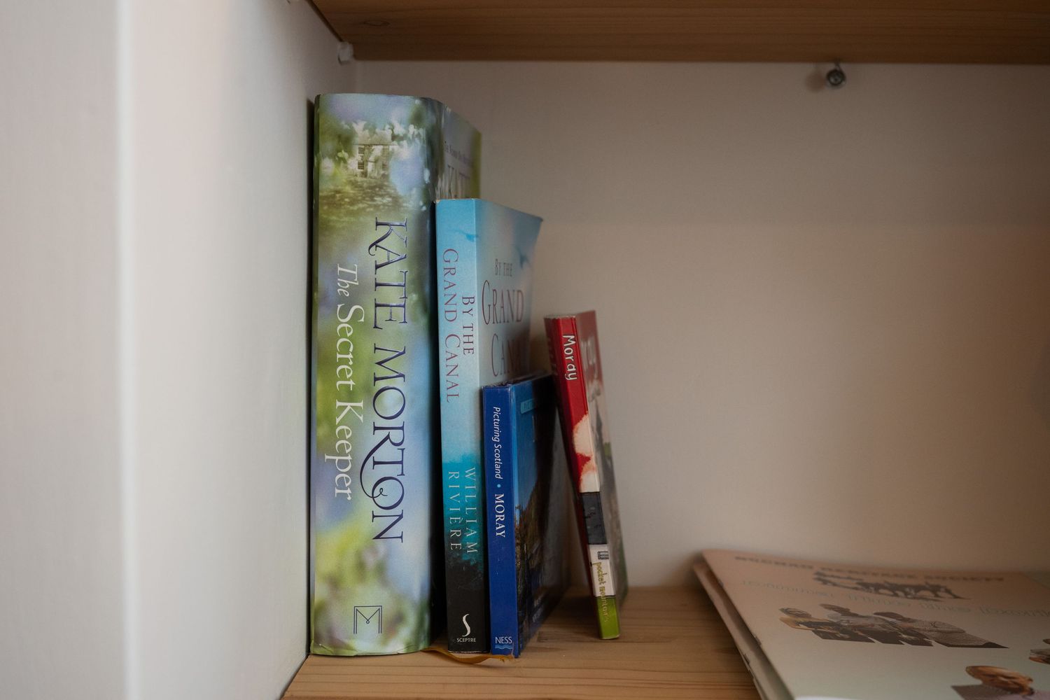 Small collection of books on wooden shelf against white wall in home interior.