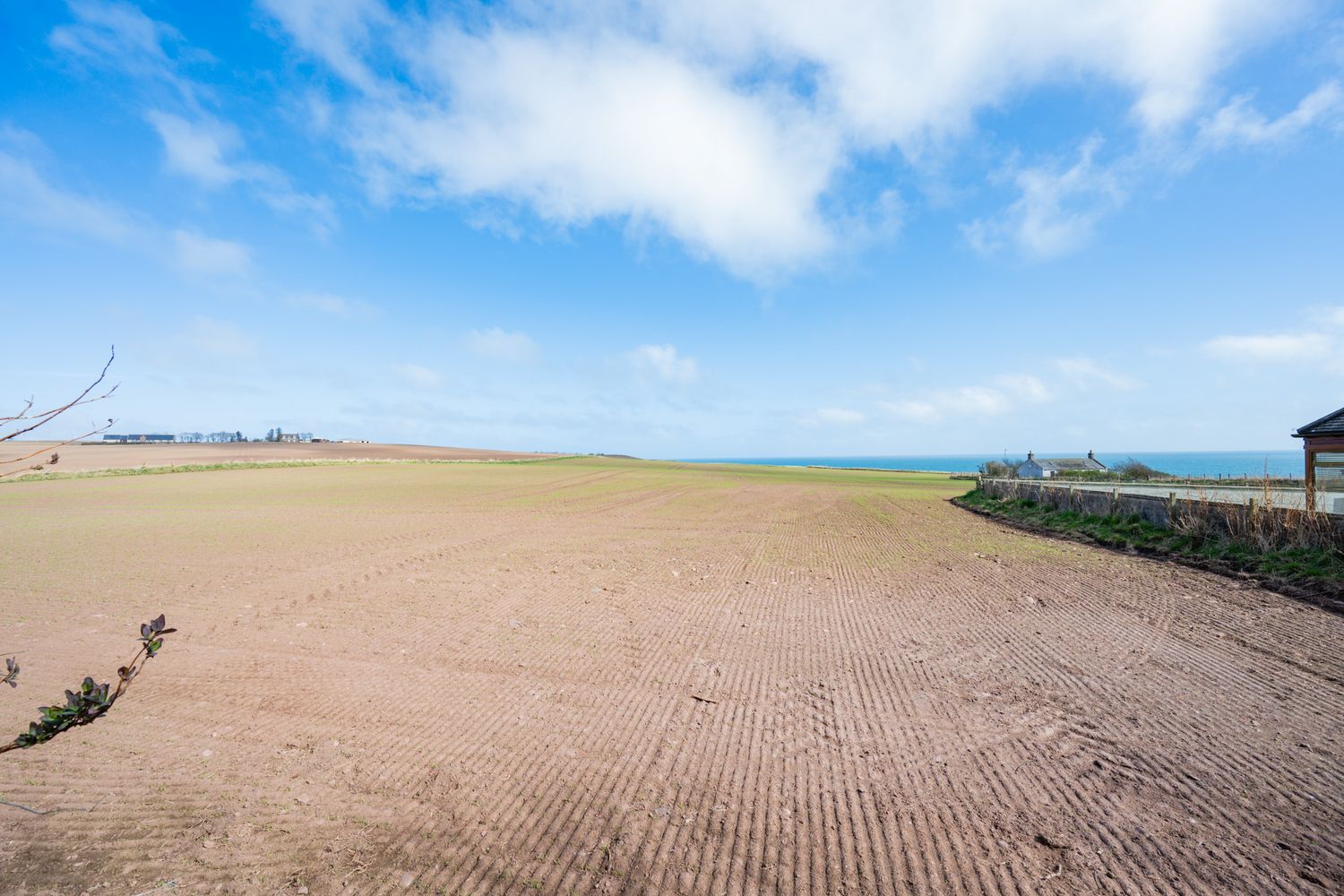 A plowed agricultural field stretches toward the ocean horizon under blue skies with white puffy clouds.