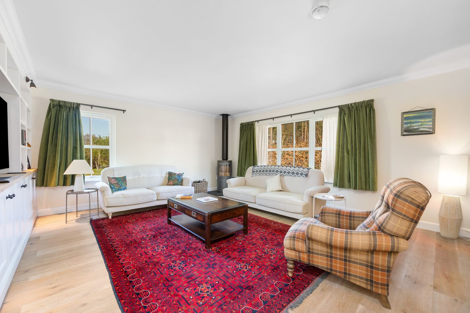 Modern living room with plaid armchair, red oriental rug, and green curtains illuminated by natural light.