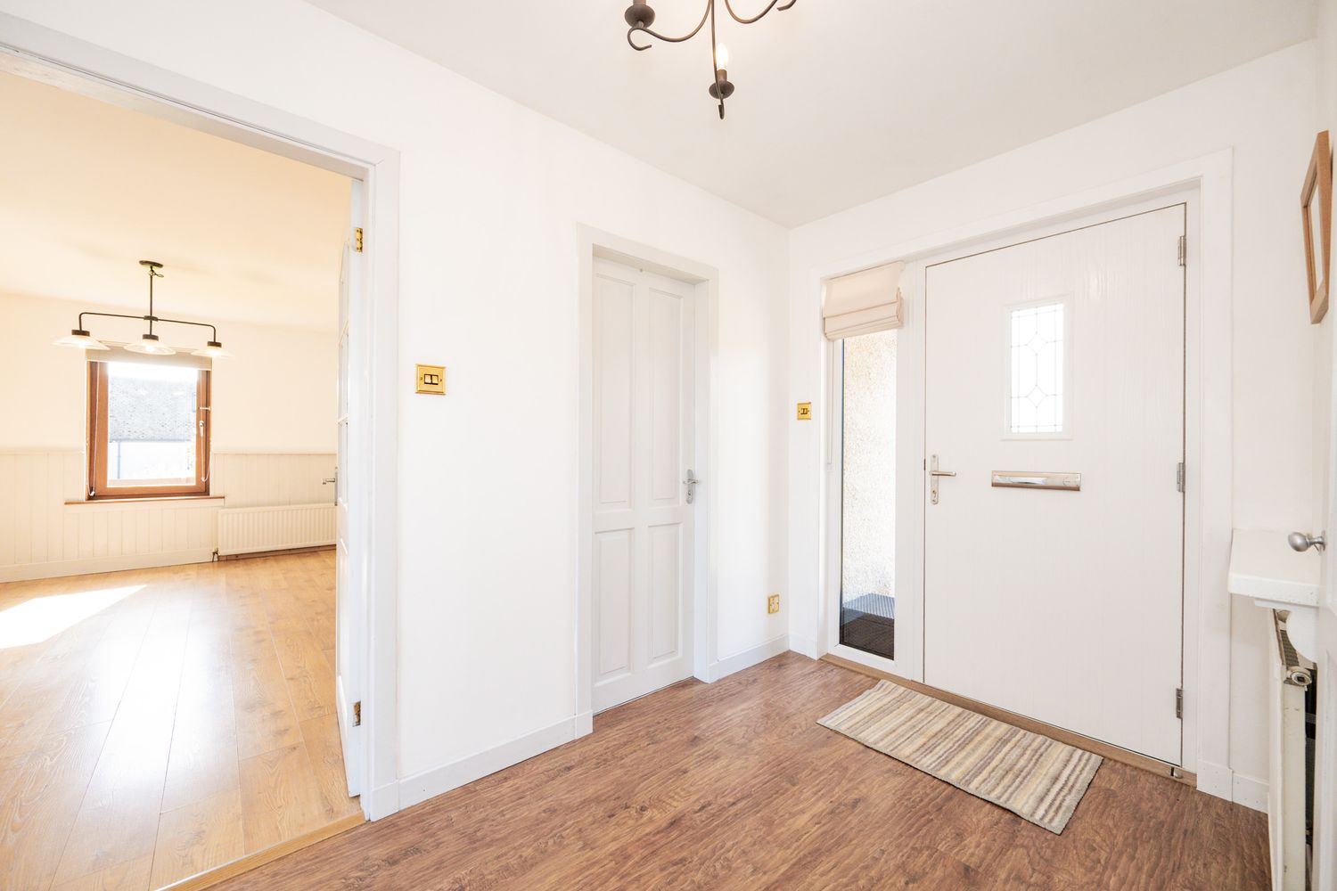 Bright modern entryway with white walls, wood flooring, and multiple doorways leading to other rooms.
