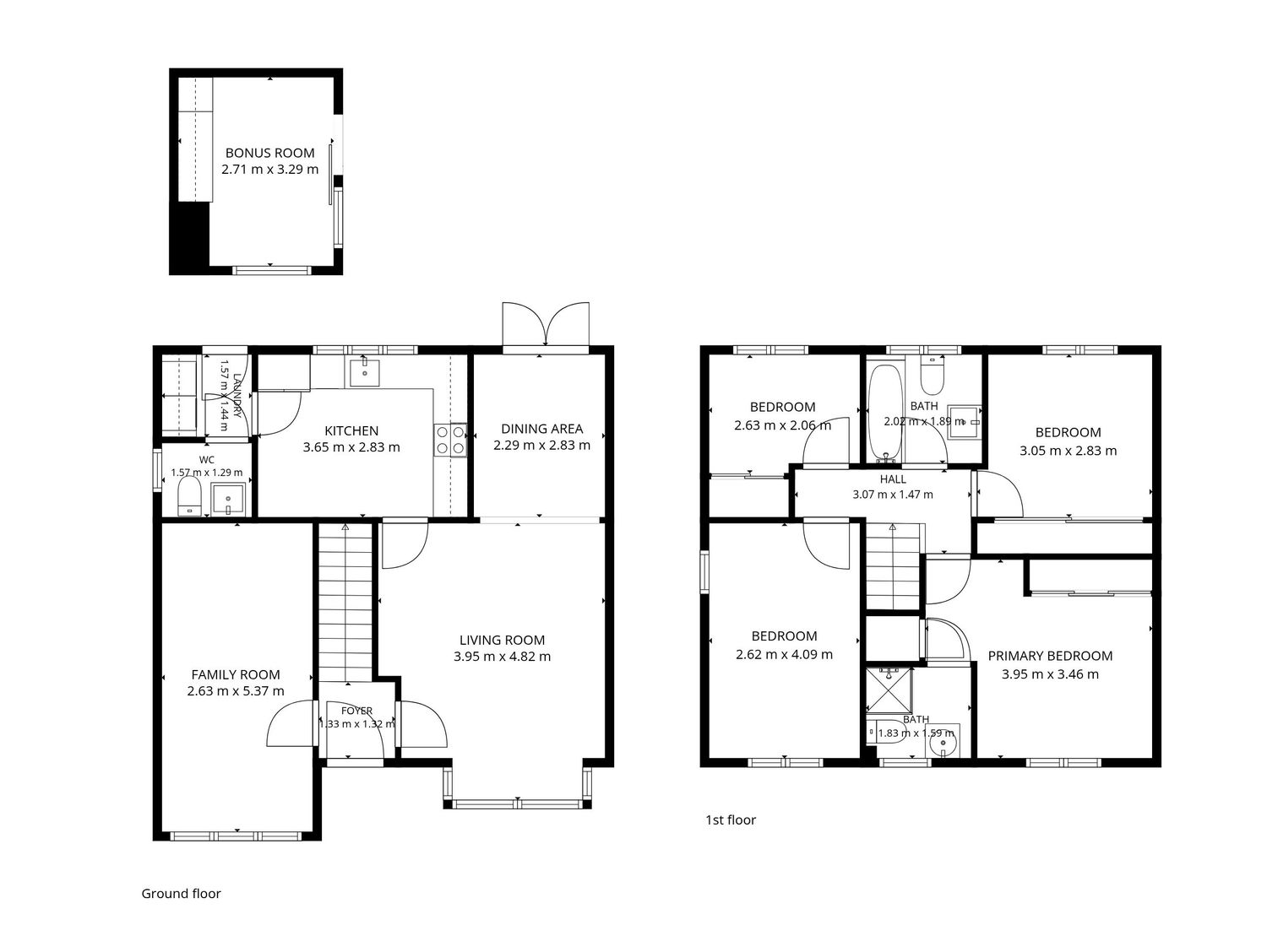 Detailed two-story house floor plan showing ground floor with family room, kitchen, dining, living room, and first floor with four bedrooms.