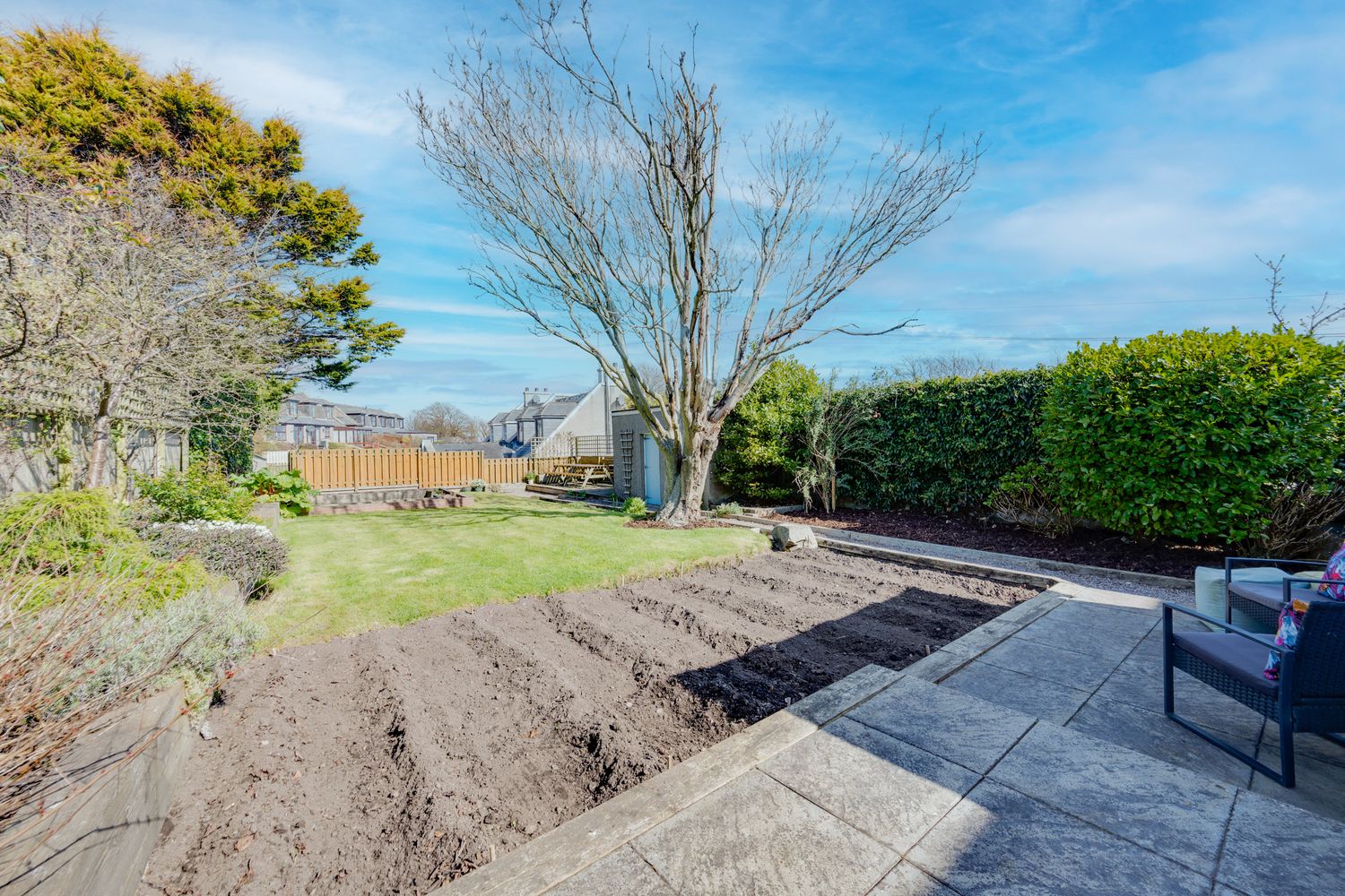 Landscaped backyard featuring dark soil garden plots, paved patio area, and tall leafless tree surrounded by hedges.