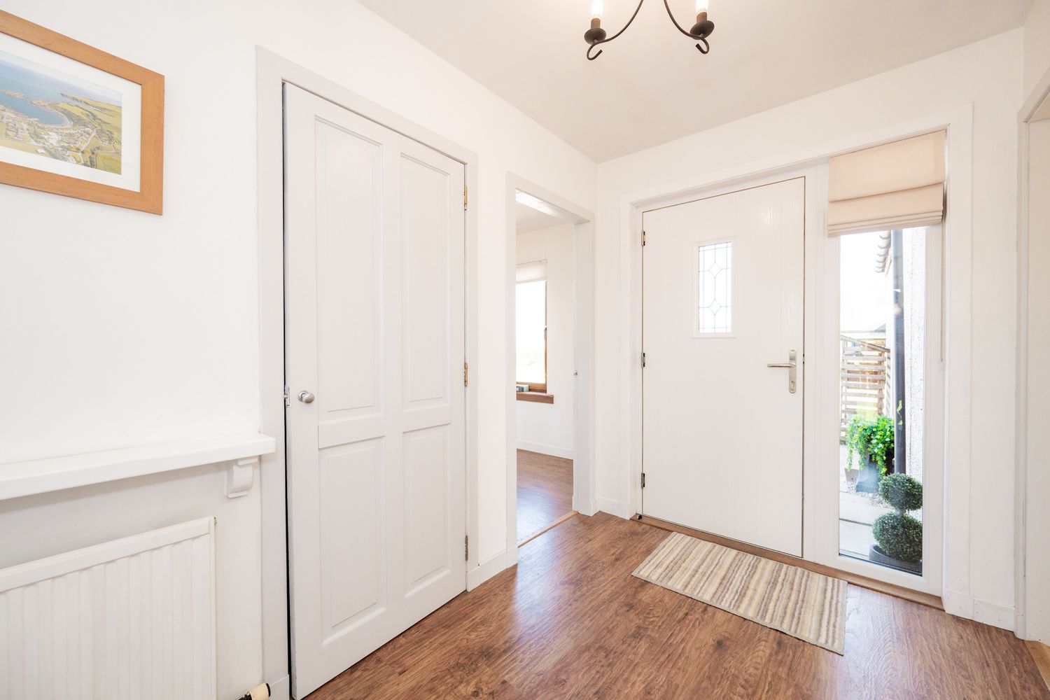 Bright white entryway hallway with hardwood floors, white doors, and a framed artwork on the wall near a small rug.