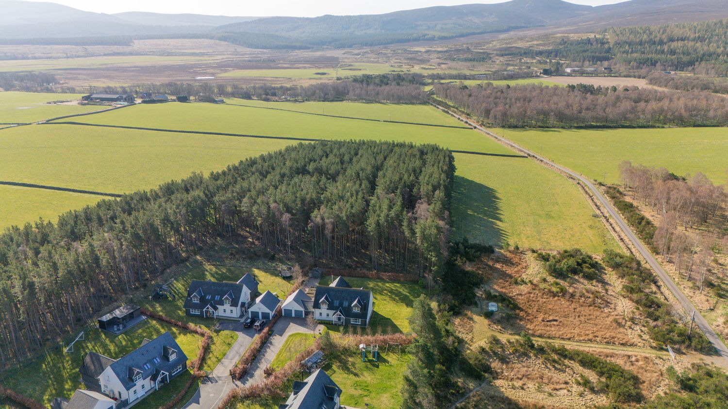 Aerial view of luxury homes nestled beside a pine forest with rolling green farmland and mountains in the distance.