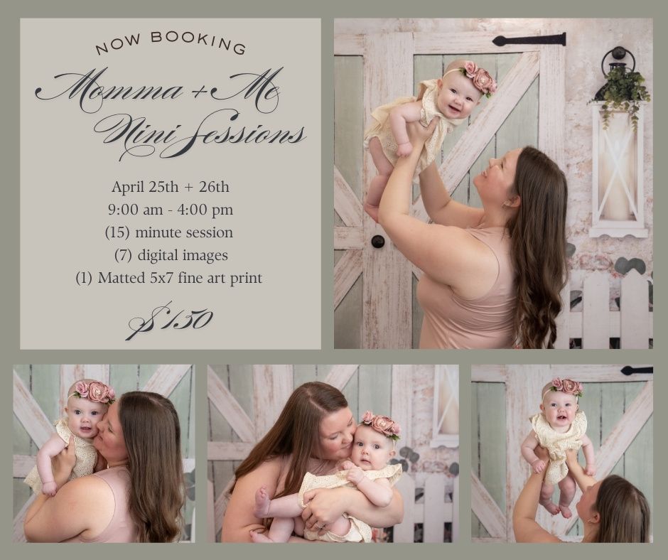 A photography session advertisement showing candid moments between a parent and baby in a light pink decorated studio setting.