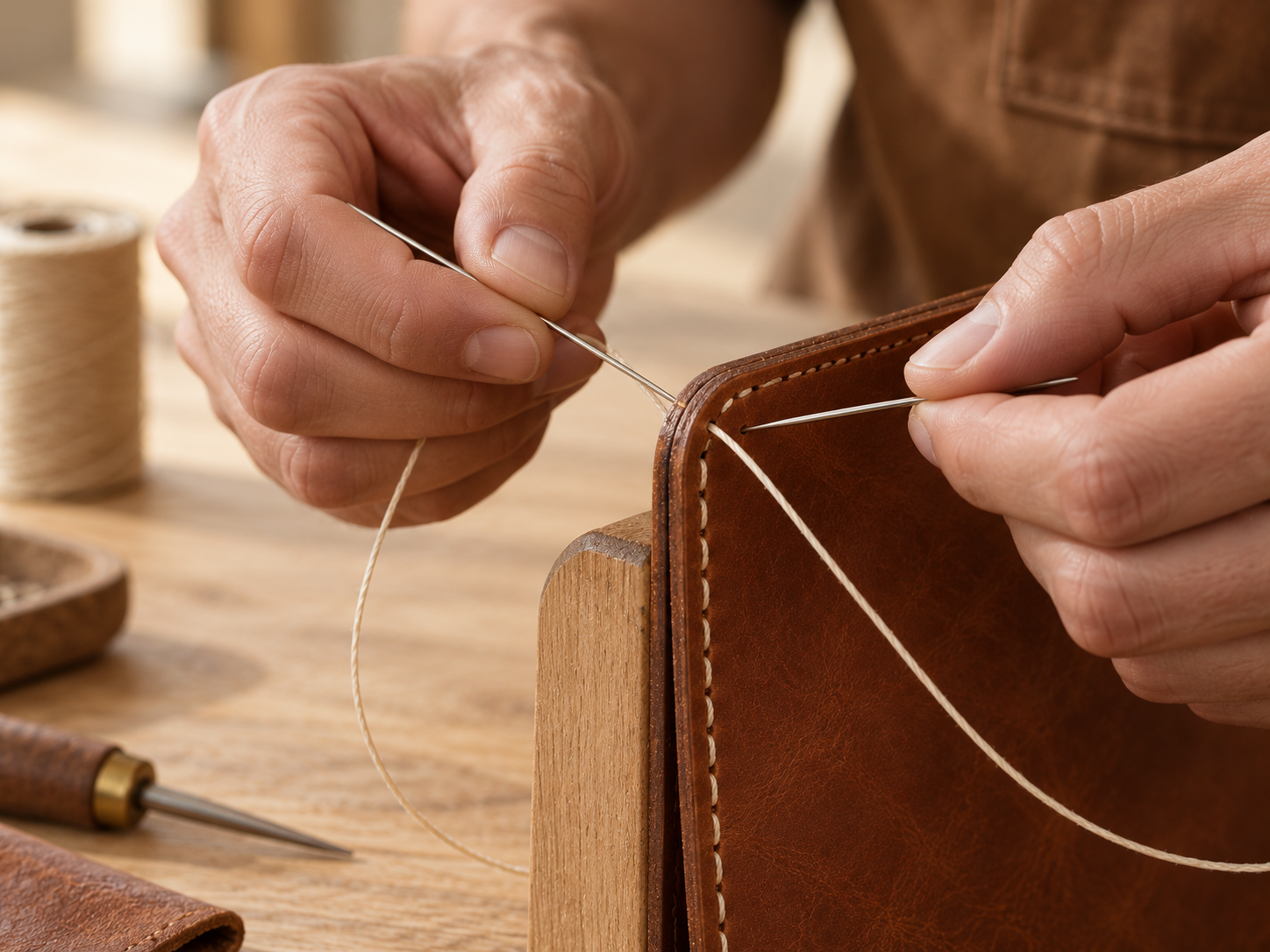 Close-up of skilled artisan using needle and waxed thread to hand-stitch a tan leather bag on a wooden clamp.