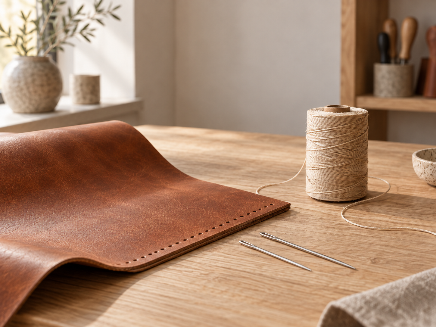 Tan leather piece with pre-punched holes beside a spool of waxed thread and needles on oak table.