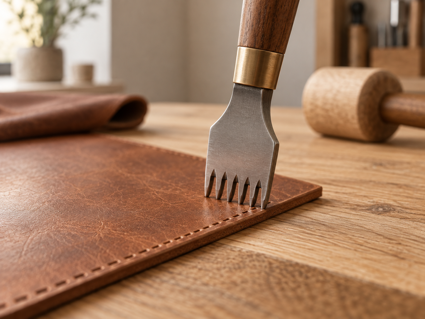 Leather pricking iron tool pressed into brown leather piece on a wooden craft workbench.
