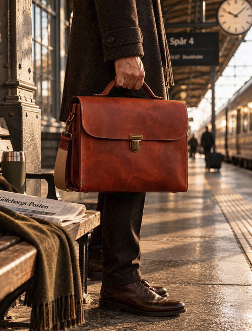 Erik i Terra buren för hand på järnvägsstation i varmt morgonljus