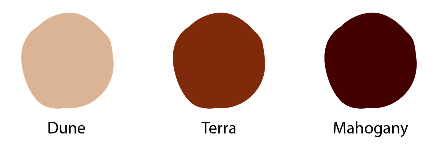 Three leather color swatches labeled Dune, Terra, and Mahogany ranging from light beige to dark brown.