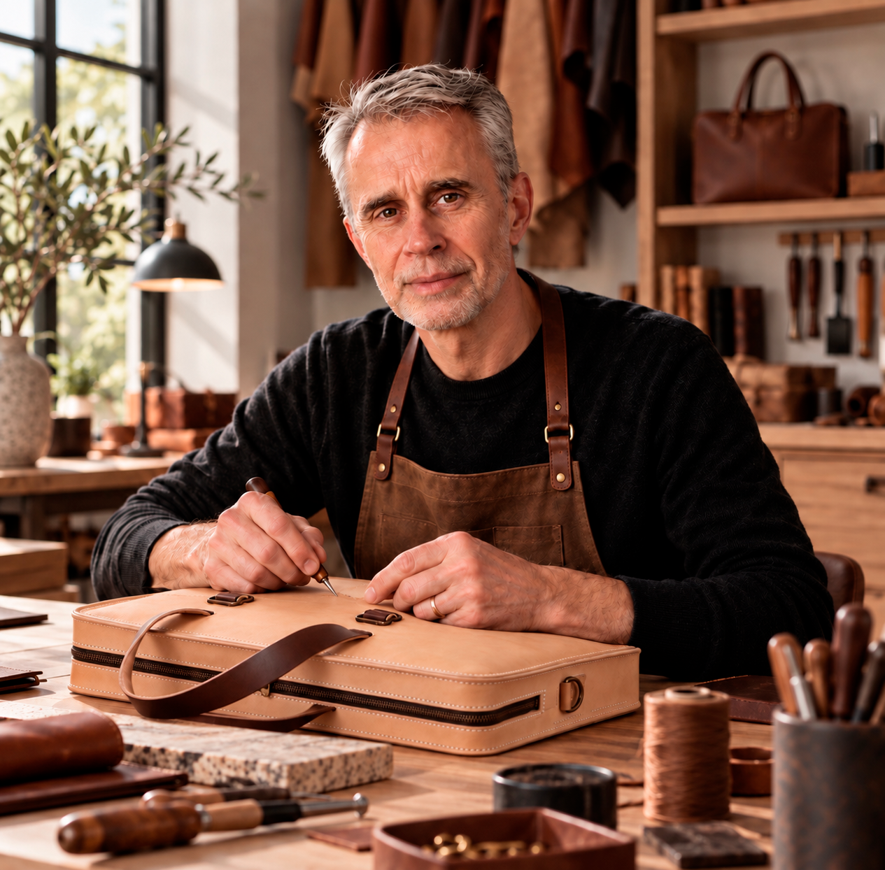 A skilled craftsman works on a leather briefcase in a rustic workshop surrounded by tools and leather goods.