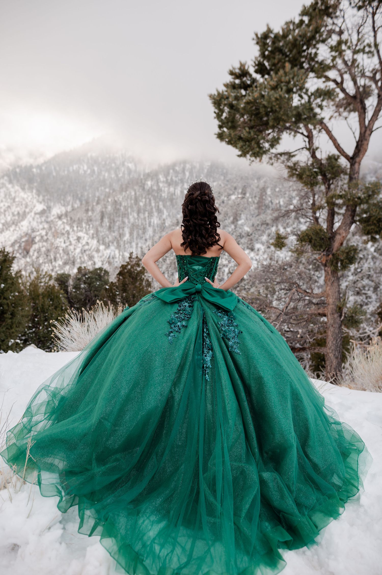 Rear view of woman in stunning emerald green quinceañera ball gown overlooking snow-covered mountains.