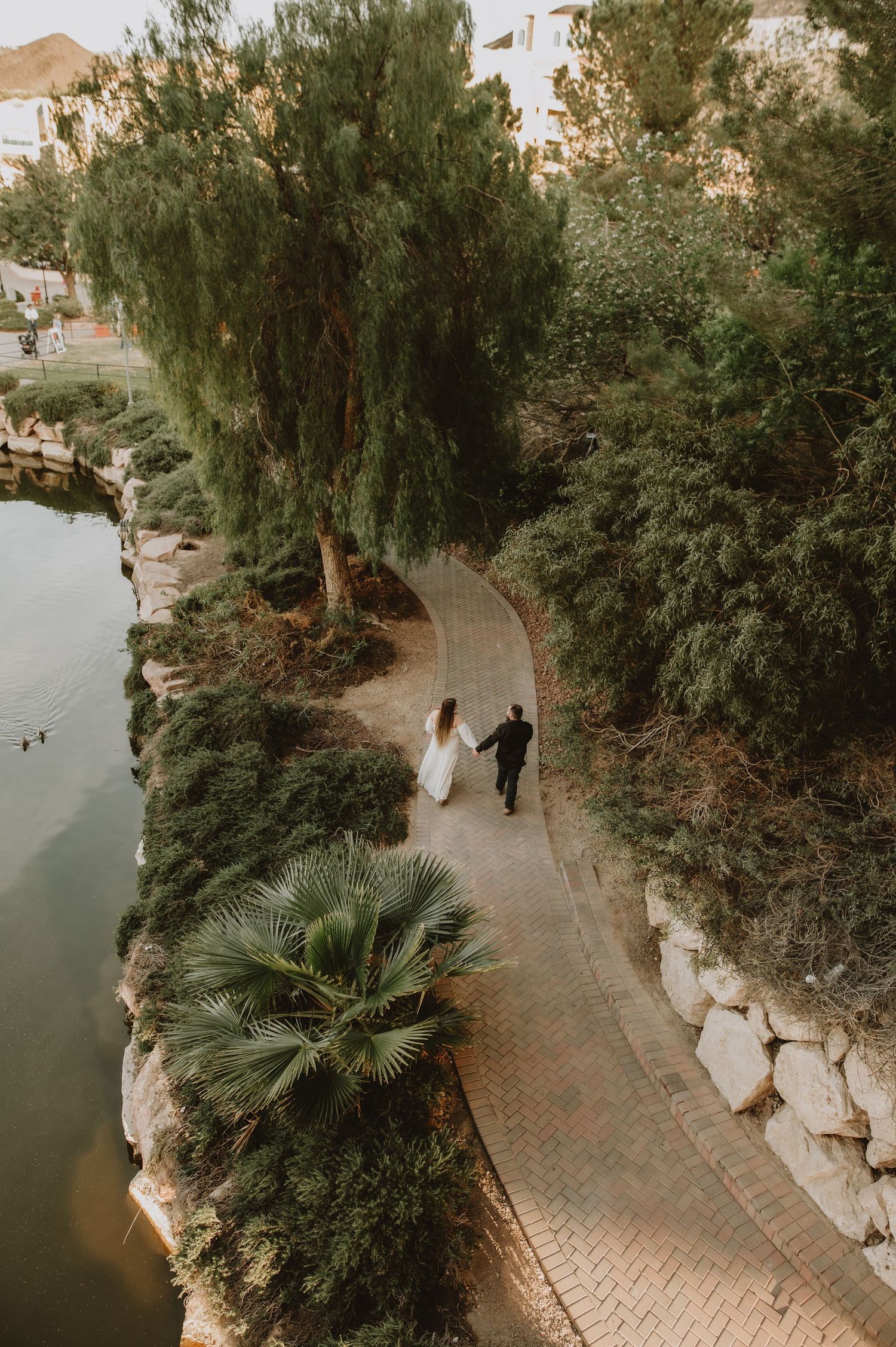 Aerial shot of newlyweds walking hand in hand along winding brick garden path.