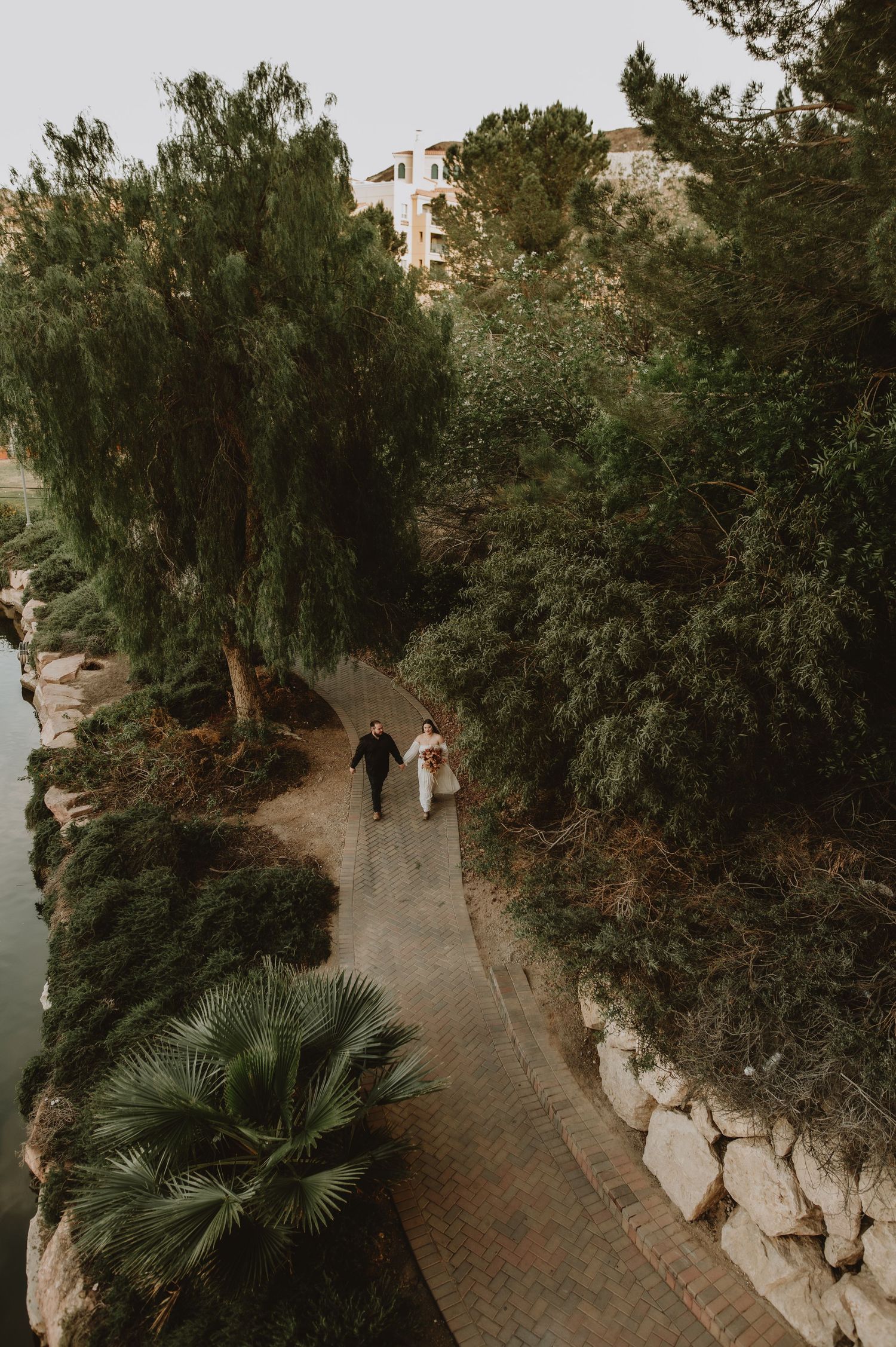 Aerial view of wedding couple walking hand in hand along lush garden path.