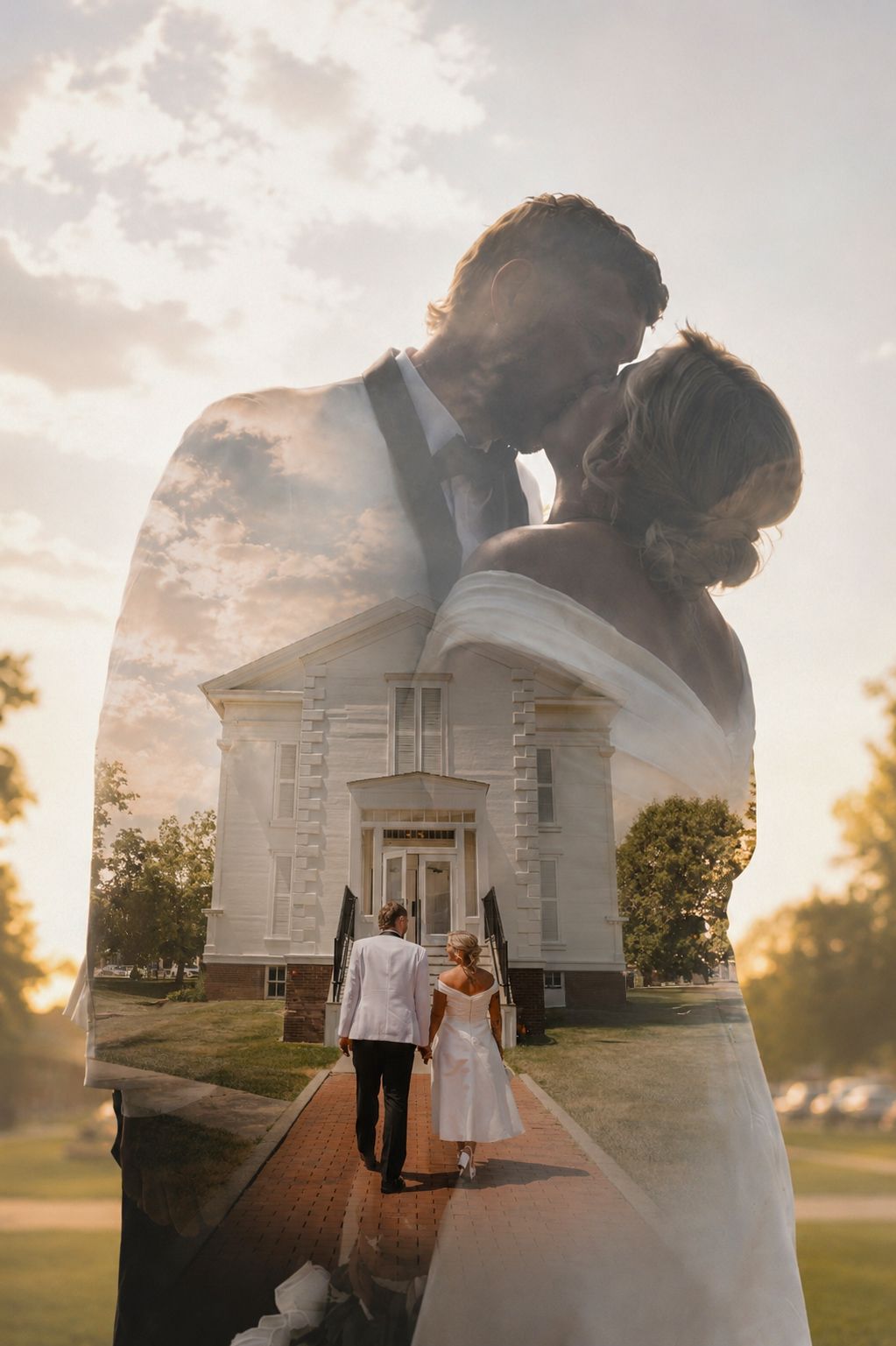 Double exposure wedding photo blending a couple kissing at sunset with them walking toward a white church.