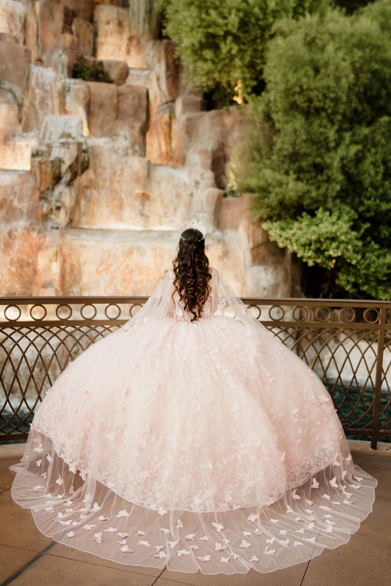 Back view of a girl in a blush pink quinceañera ball gown with butterfly veil detail near a rocky waterfall.