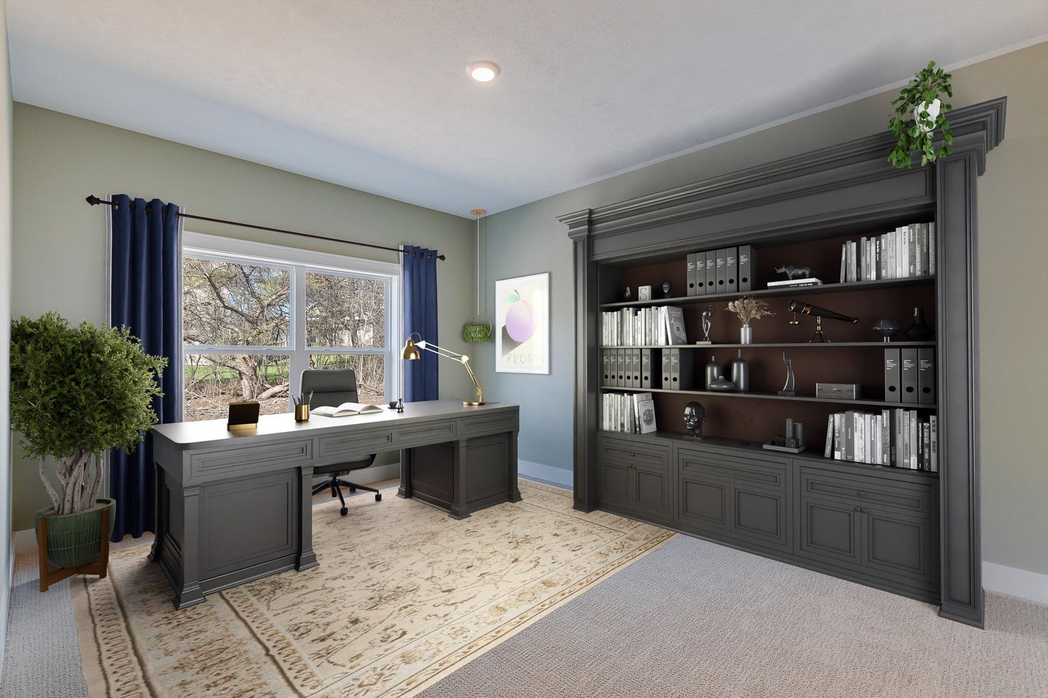 Elegant home office with dark built-in bookcase, large wooden desk, patterned rug, and window with blue curtains.