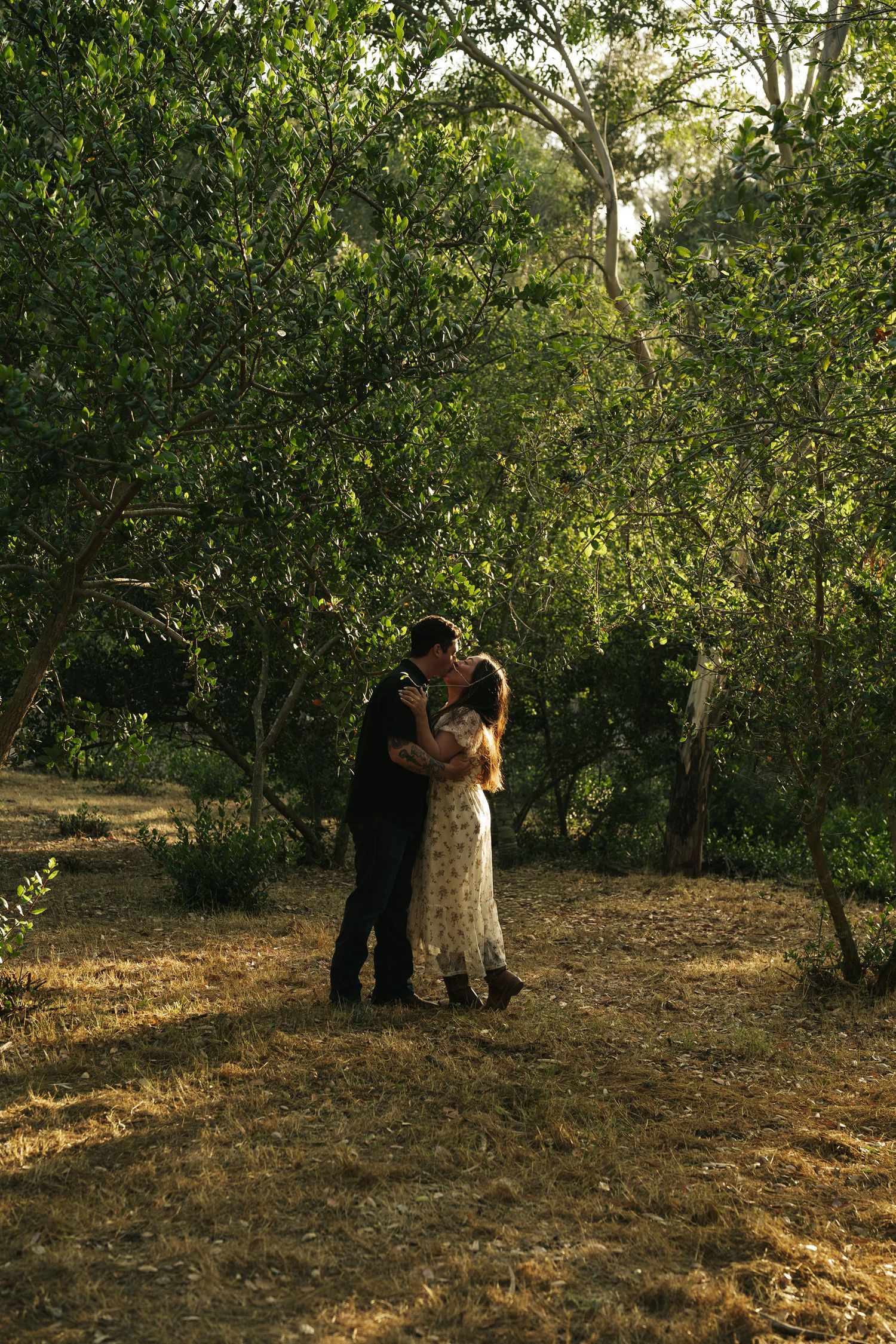 Couple sharing a romantic kiss surrounded by lush green trees in a sunlit forest clearing.