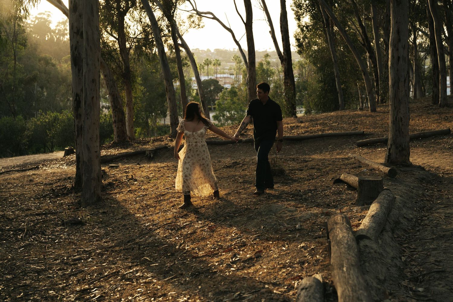 Couple holding hands walking through sunlit forest with tall trees and golden hour lighting.
