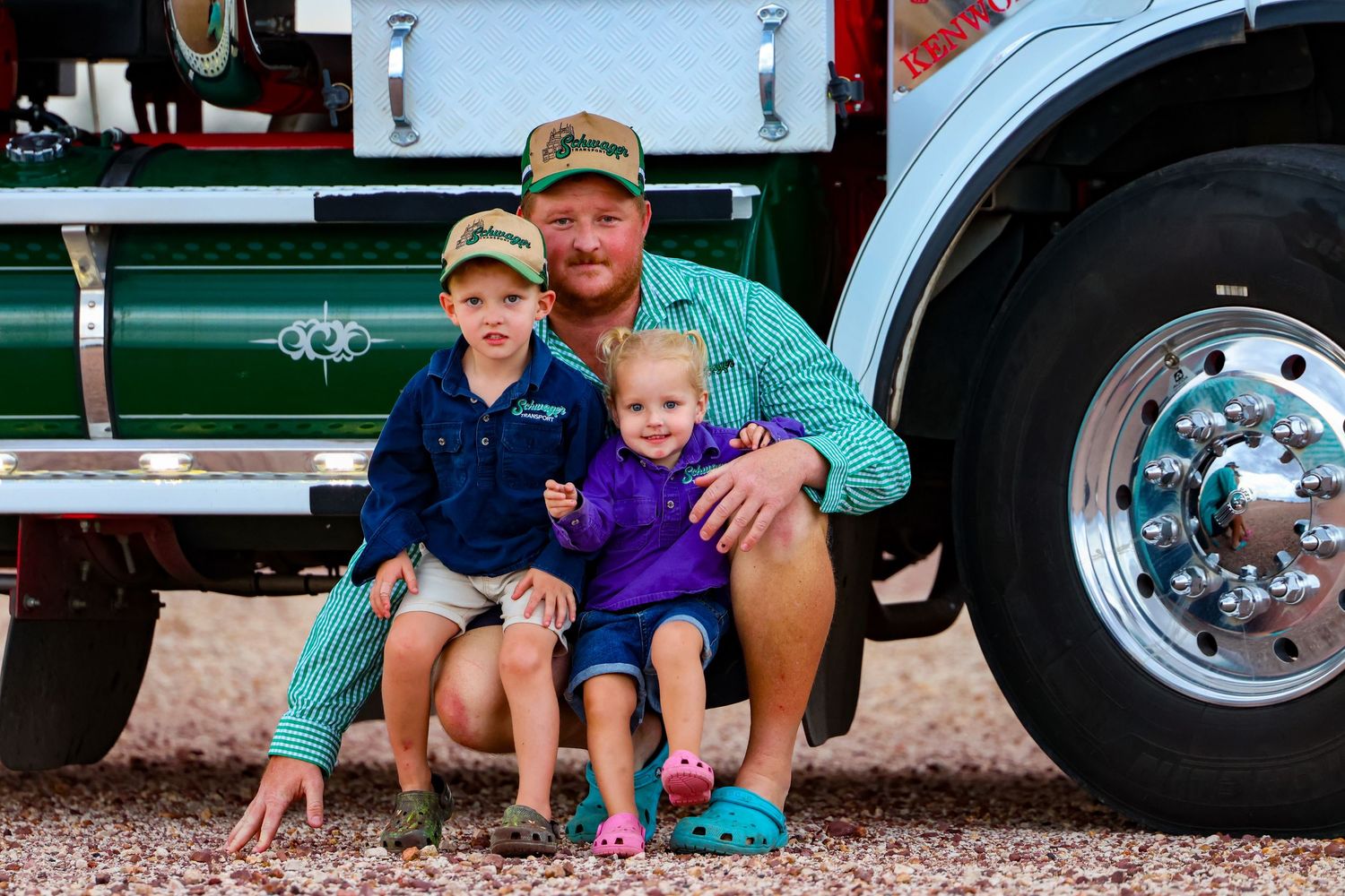 A collection of photos showing people sitting and posing next to large trucks and semi-trailers.