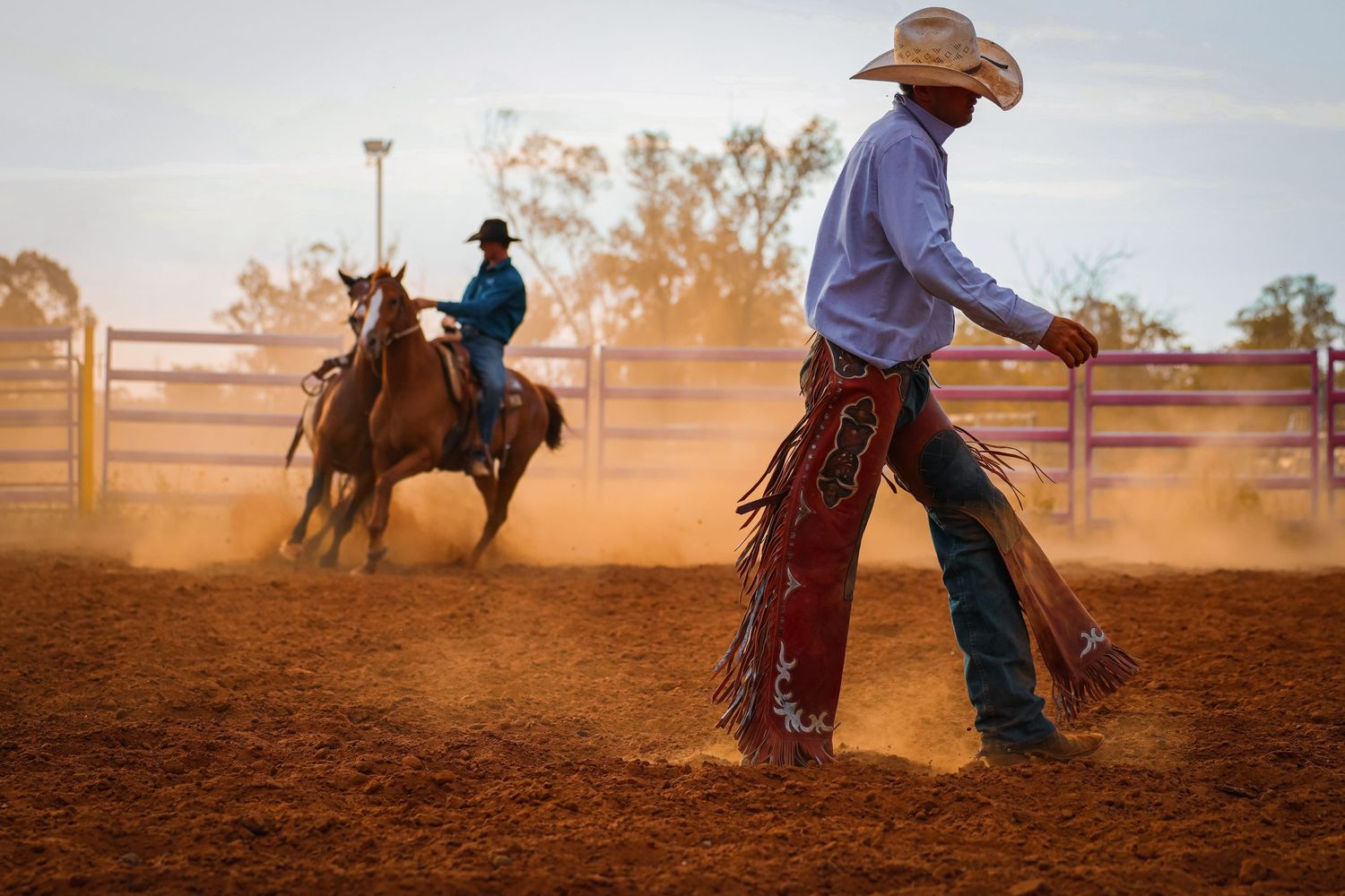 Cowboys practice roping techniques on horseback in a dusty arena during sunset hours.