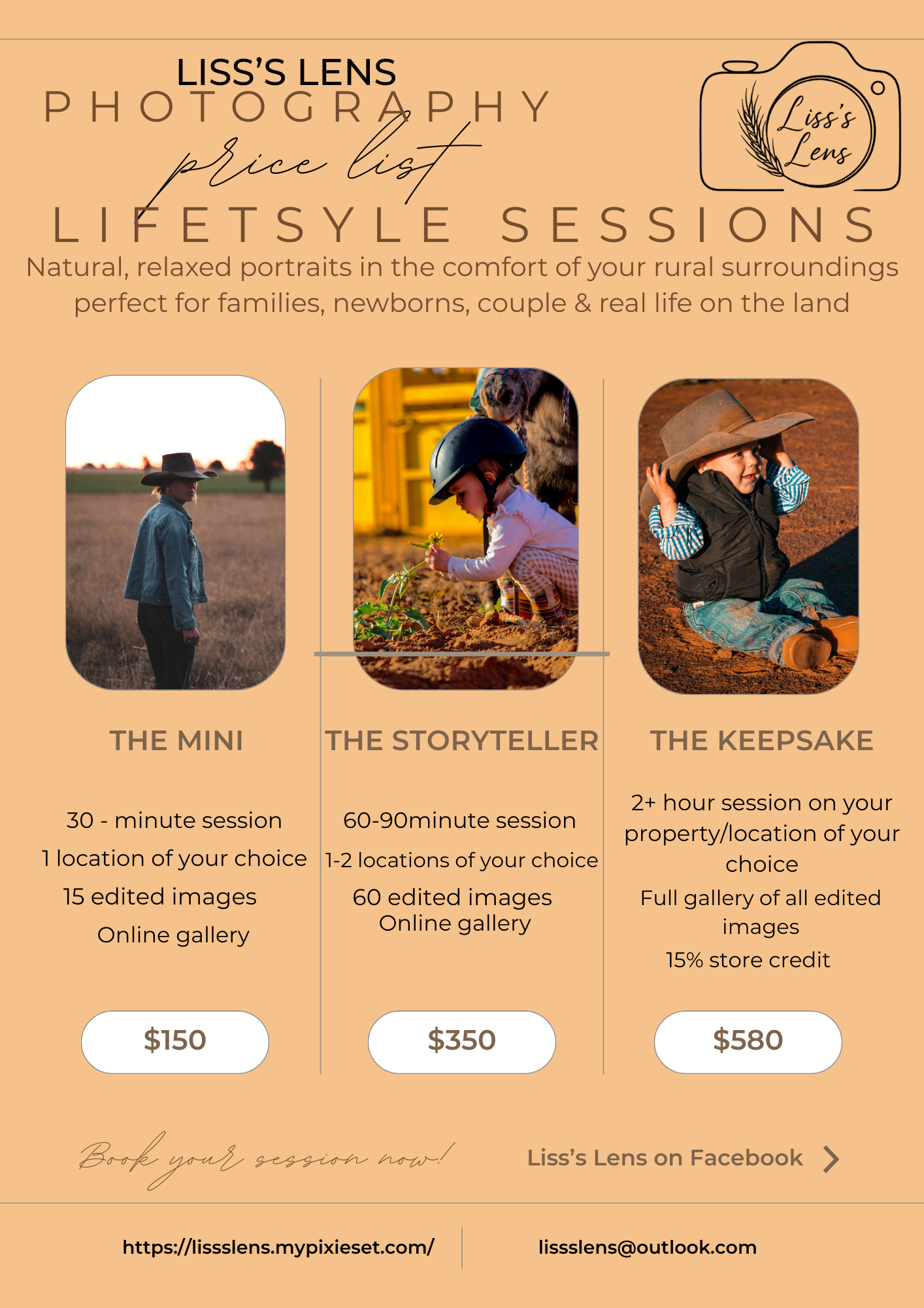 Photography pricing guide showing three tiers of lifestyle sessions with rustic outdoor sample photos and package details.