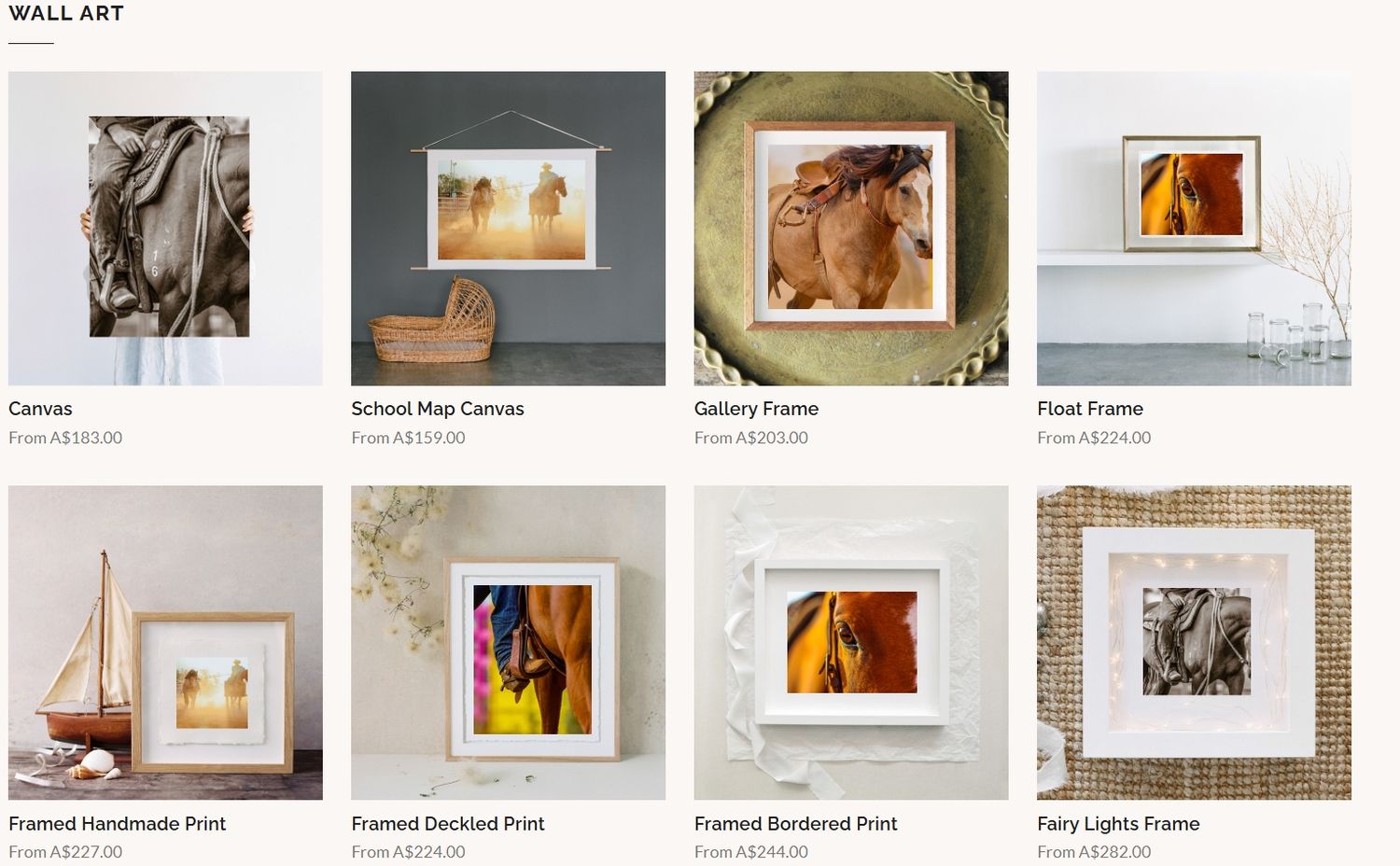A grid layout of framed artwork and photographs displayed in a gallery wall arrangement.