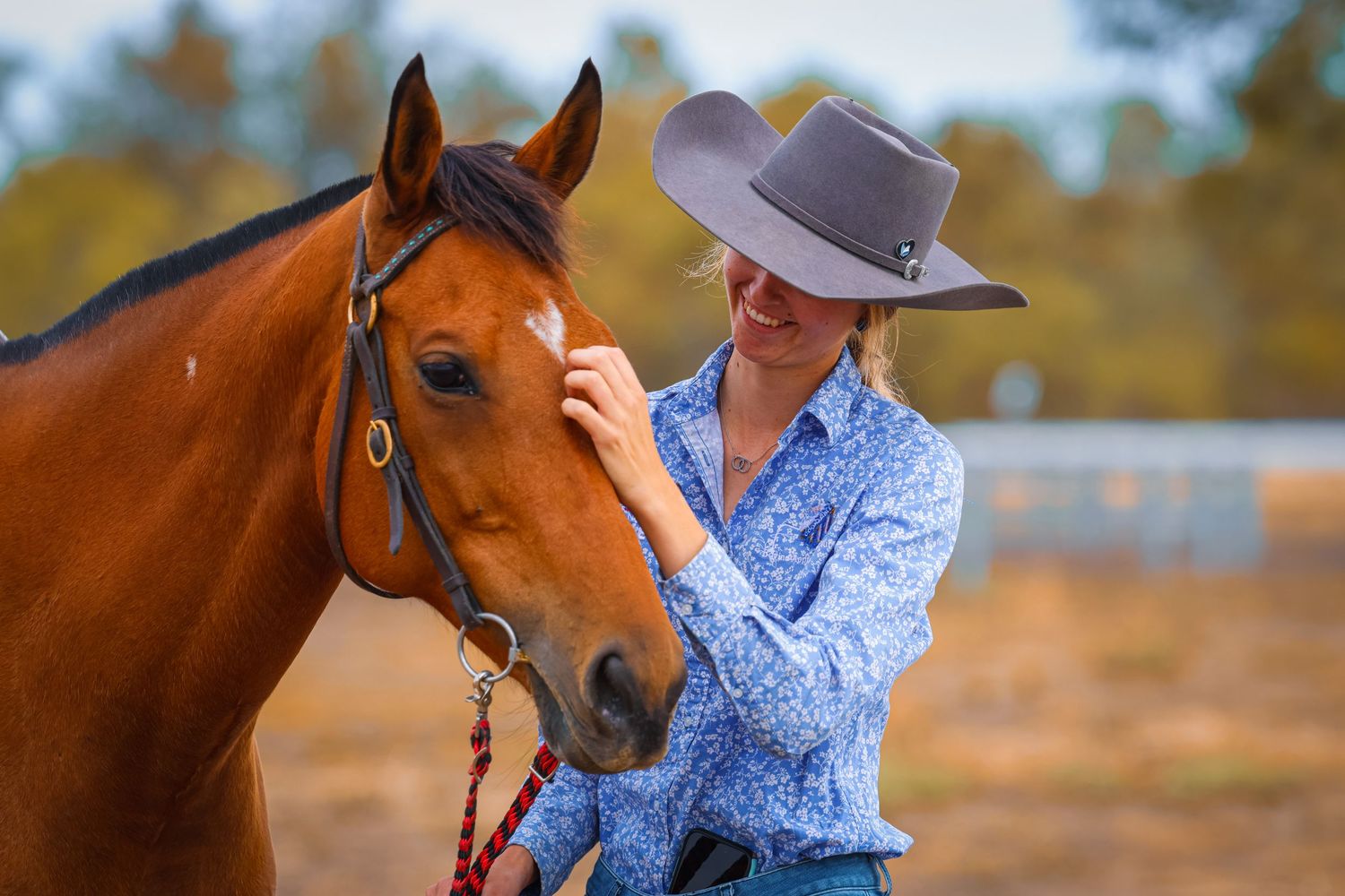 A chestnut horse and rider share a tender bonding moment in golden afternoon light.