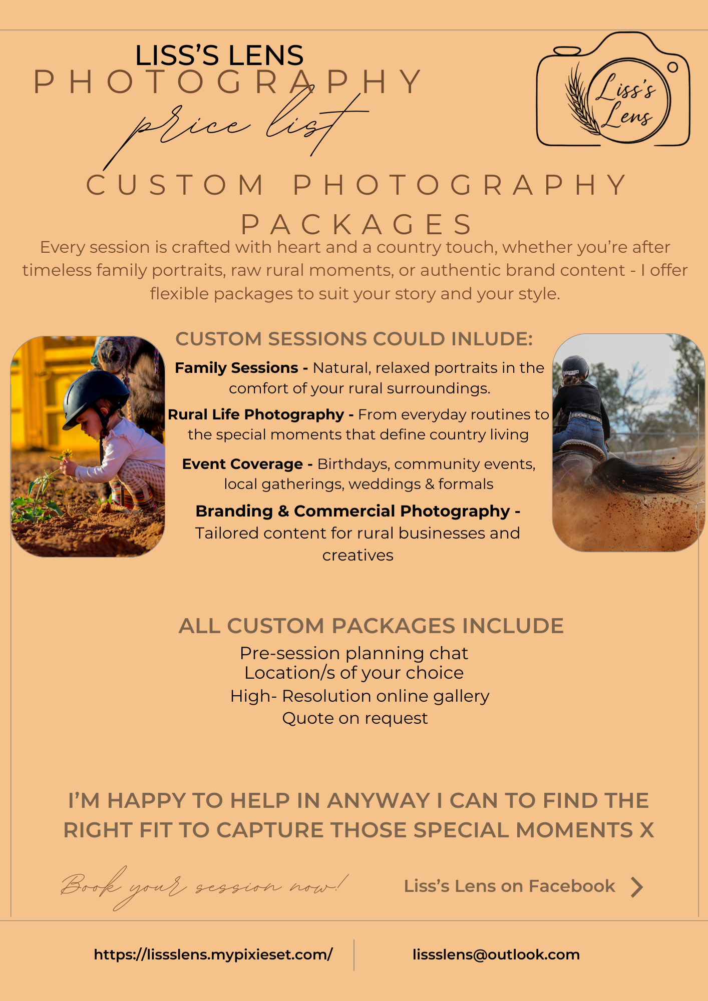 A rustic photography business flyer showcasing custom packages for family sessions, rural life, events and branding photography.