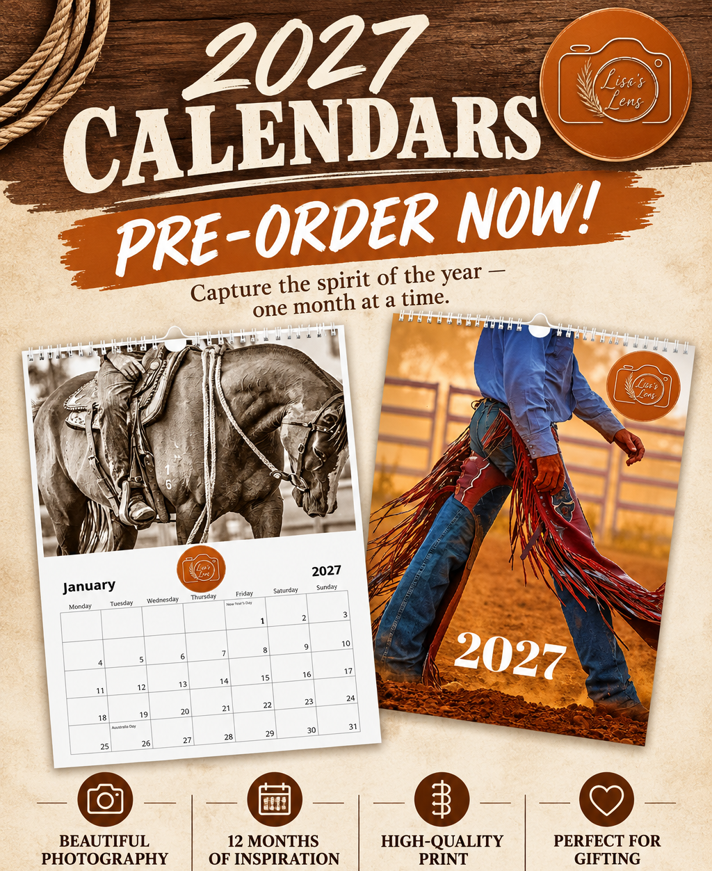2027 Western cowboy calendar pre-order featuring rodeo photography, 12 months of inspiration, high-quality print, perfect for gifting.